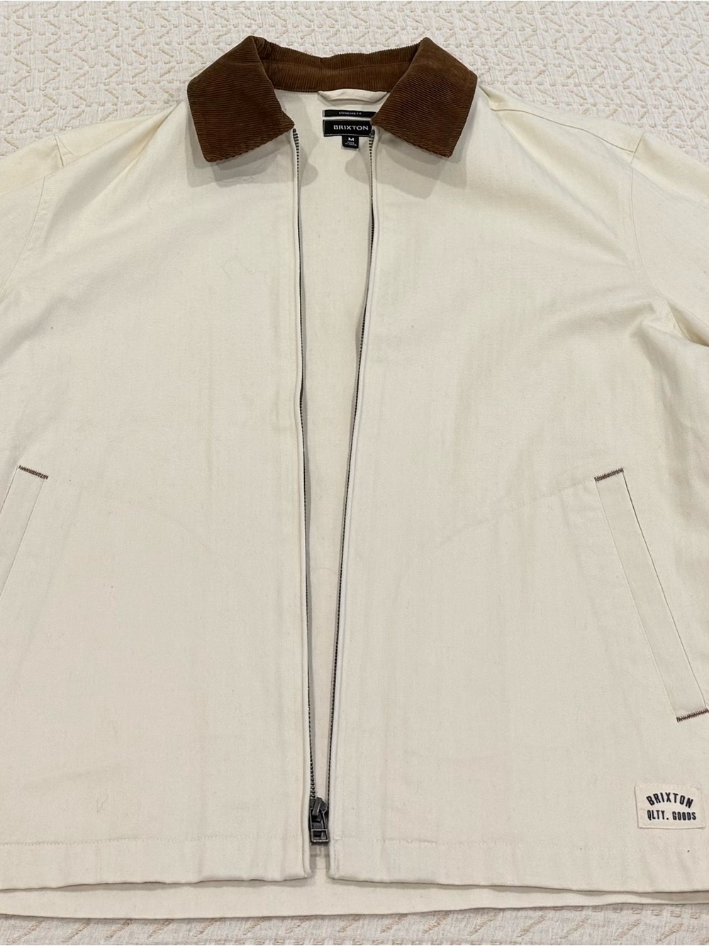Brixton Cream Zip Shirt Jacket with Brown Cord Collar